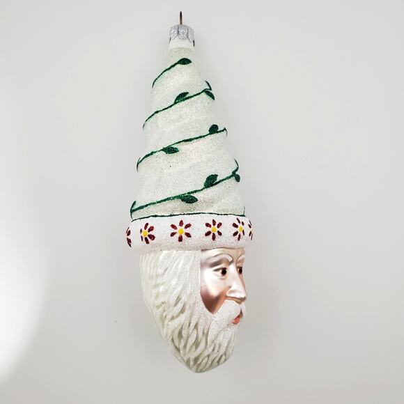 Glass Santa Ornament White w/Green Vine Red Yellow Flowers Winter - Picture 7 of 16